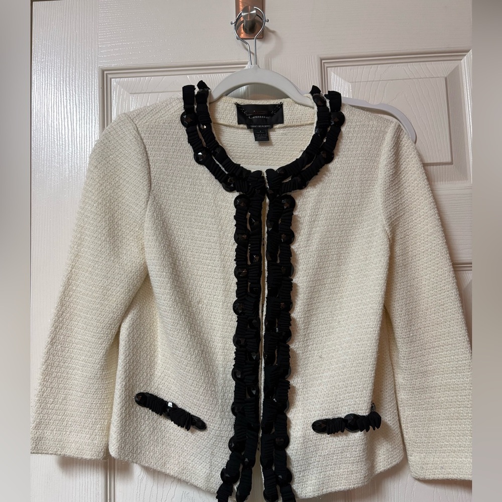 St John jacket white ivory black ruffle ribbon suit jacket size 2